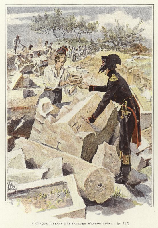 En soldat som ger en kruka till en annan soldat i ruinerna av Nicopolis. av Felicien baron de Myrbach Rheinfeld