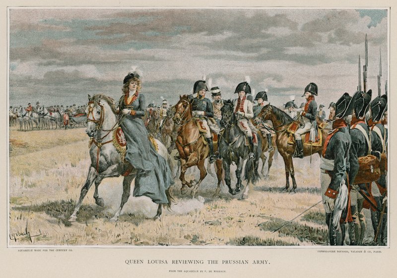 Drottning Louisa granskar den preussiska armén av Felicien baron de Myrbach Rheinfeld