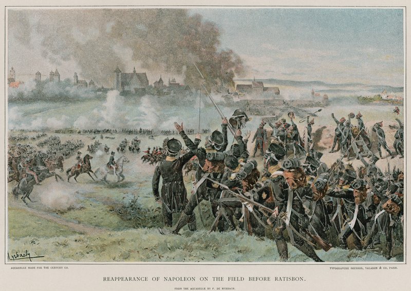 Napoleon återkommer på fältet före Ratisbon. av Felicien baron de Myrbach Rheinfeld
