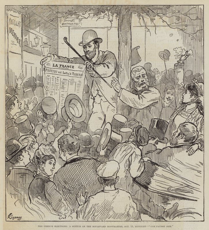 De franska valen, en skiss på Boulevard Montmartre, 15 oktober, midnatt, Une Fausse Joie av Felix Regamey