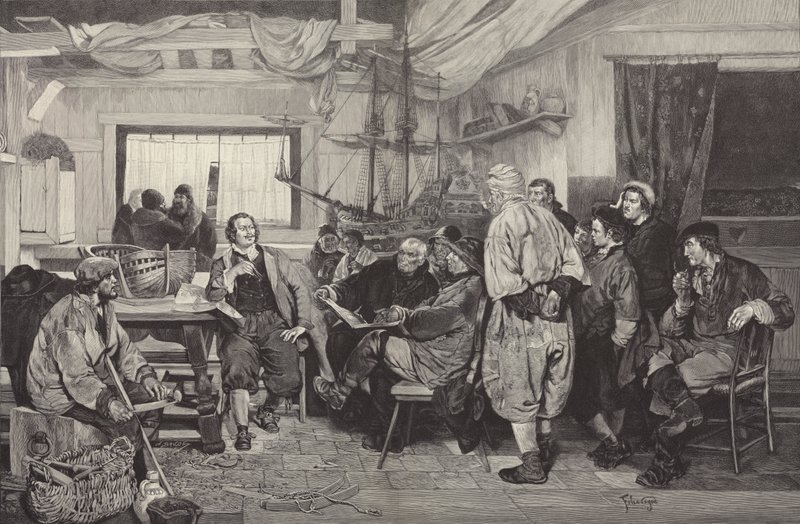 Peter den store undervisade i konsten att bygga skeppsbyggnad i Holland 1697 (gravyr) av Felix Cogen