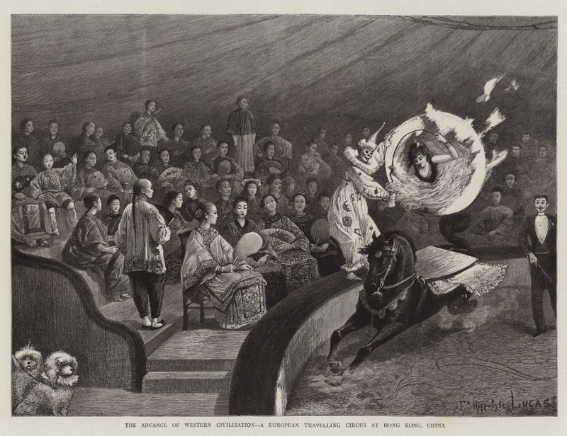 The Advance of the Western Civilization, en europeisk resande cirkus i Hong Kong, Kina av Felix Hippolyte Lucas