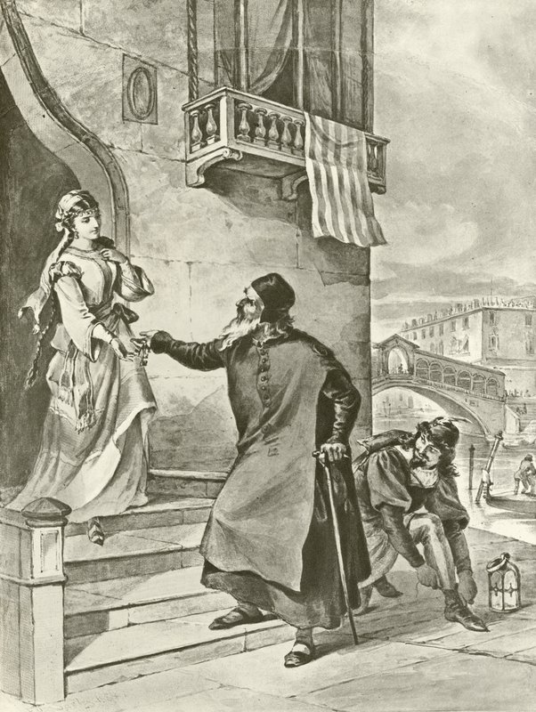 Köpmannen i Venedig. Akt II, Scen V (gravyr) av Felix Octavius Carr Darley