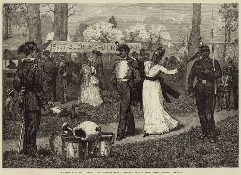 American Centennial Festival Exhibition, Scen i Fairmount Park, Philadelphia, Negro Militia efter Drill av Felix Regamey