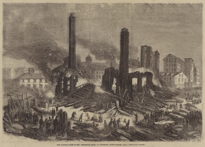 De brinnande ruinerna av Pemberton Mills, i Lawrence, USA av Felix Thorigny