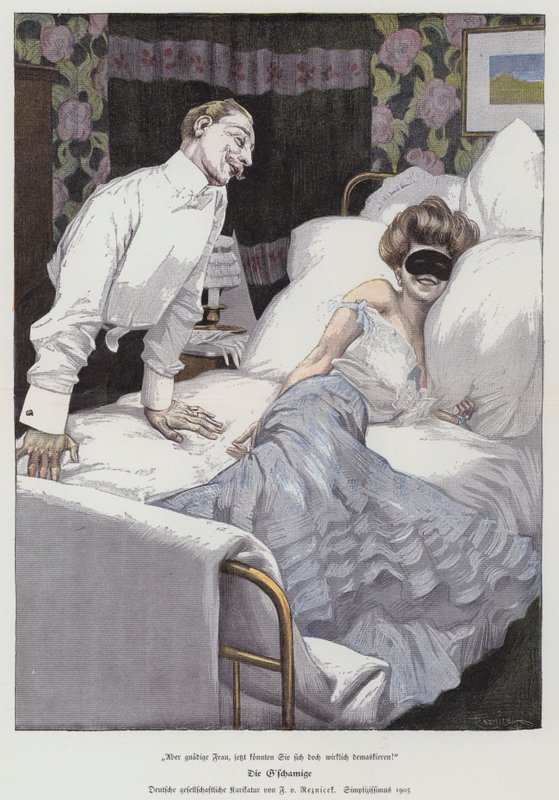 En man talar med en maskerad kvinna i sängen, 1905 av Ferdinand von Reznicek