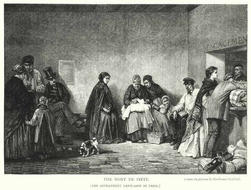 Mont de Piete, regeringens pantbank i Paris (gravyr) av Ferdinand (after) Heilbuth