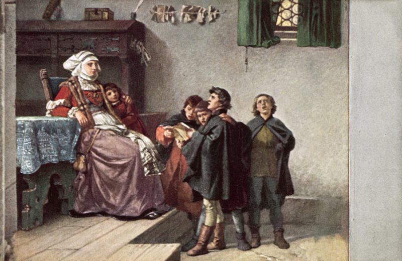 Martin Luther sjöng för Frau Cotta när han var student i Eisenach, Tyskland, 1499 av Ferdinand Wilhelm Pauwels