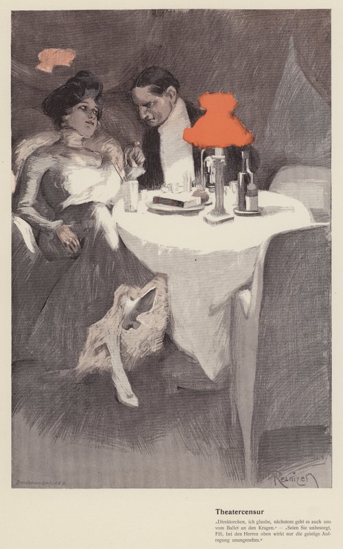 Samtal mellan en teaterregissör och en skådespelerska på ett kafé (färg litho) av Ferdinand von Reznicek