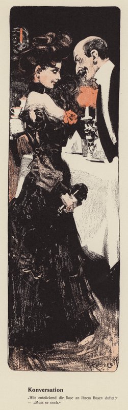 Man chattar med en ung kvinna (färg litho) av Ferdinand von Reznicek