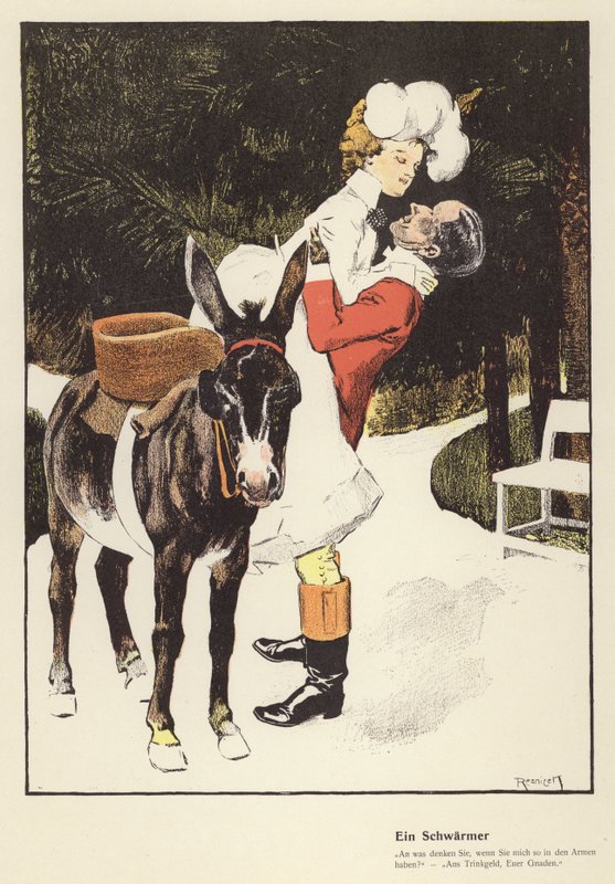Man hjälper en kvinna att stiga av en åsna (färg litho) av Ferdinand von Reznicek