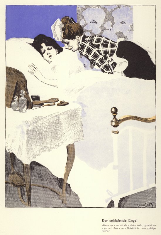 Den sovande ängeln (färg litho) av Ferdinand von Reznicek