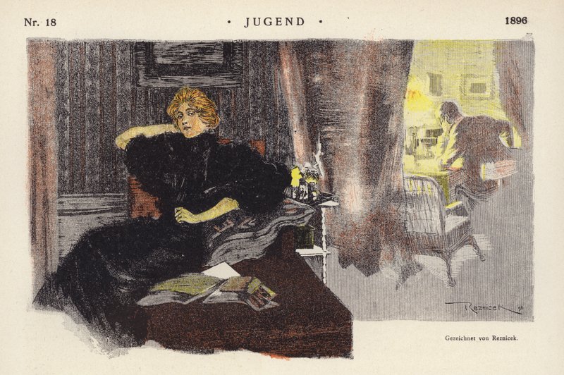 Kvinna hemma på kvällen (färg litho) av Ferdinand von Reznicek
