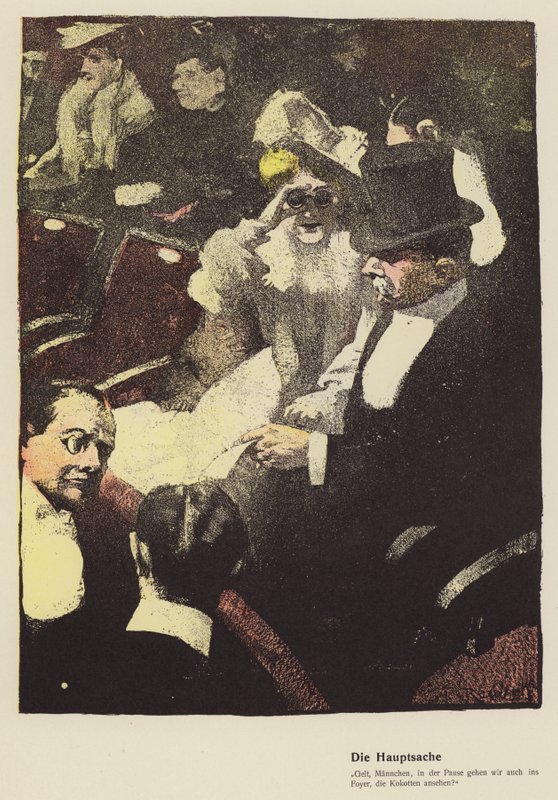 Kvinna som tittar genom ett par operaglasögon på teatern (färg litho) av Ferdinand von Reznicek