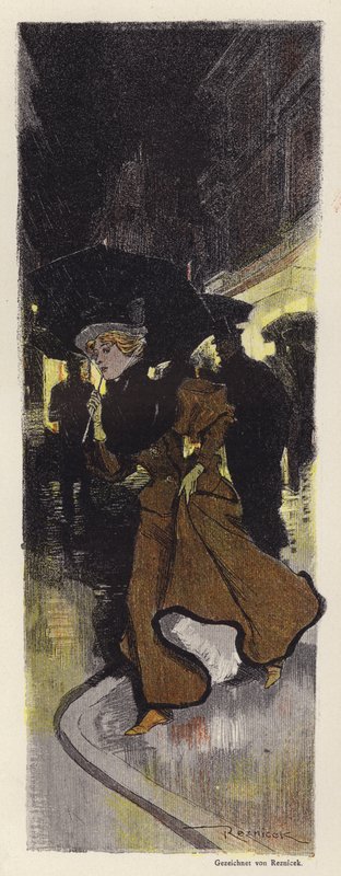 Kvinna som går på en regnig gata på natten (färg litho) av Ferdinand von Reznicek