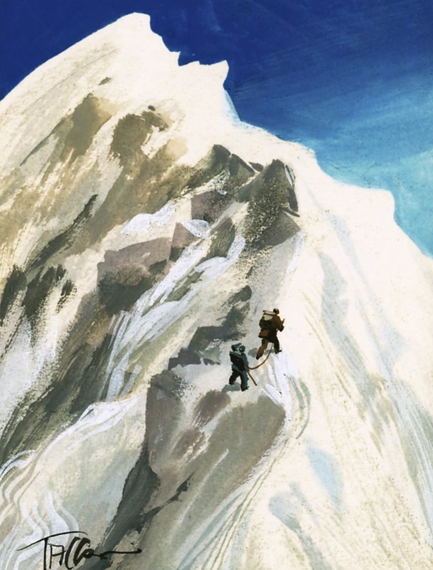 Hillary och Tensing tar sig fram ett steg i taget längs en bergskam av Ferdinando Tacconi