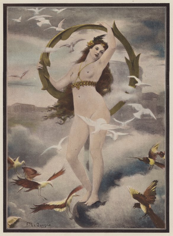 Kvinna omgiven av fåglar (färg litho) av Fernand Le Quesne