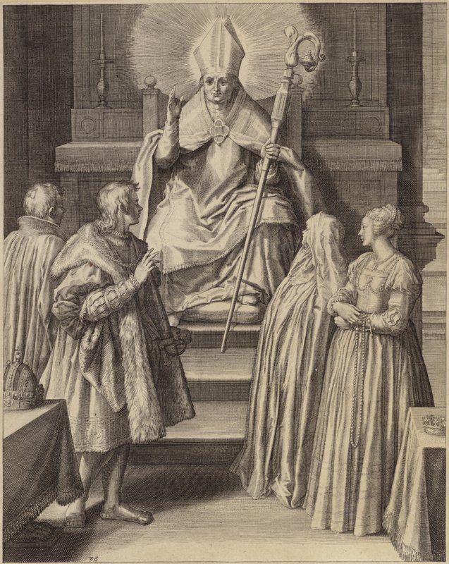 En figur i biskopskläder sitter på tronen med en gloria som kommer från hans huvud av Flemish School