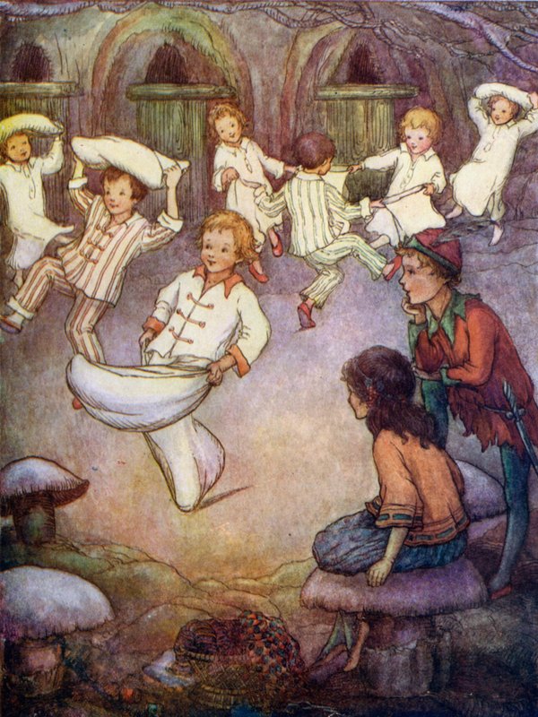 Dans och kuddkrig i underjordiskt hus (färglitografi) av Flora White