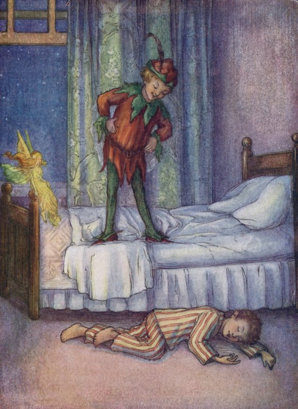 John Darling, som bara för skojs skull blev utsparkad av Peter Pan (färglitografi) av Flora White