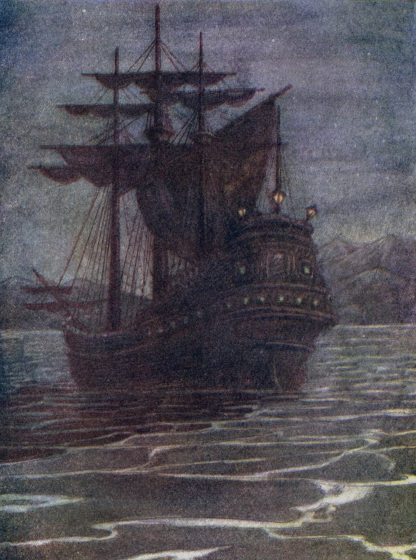 Piratskepp, gamla Kroks hus (färglitografi) av Flora White