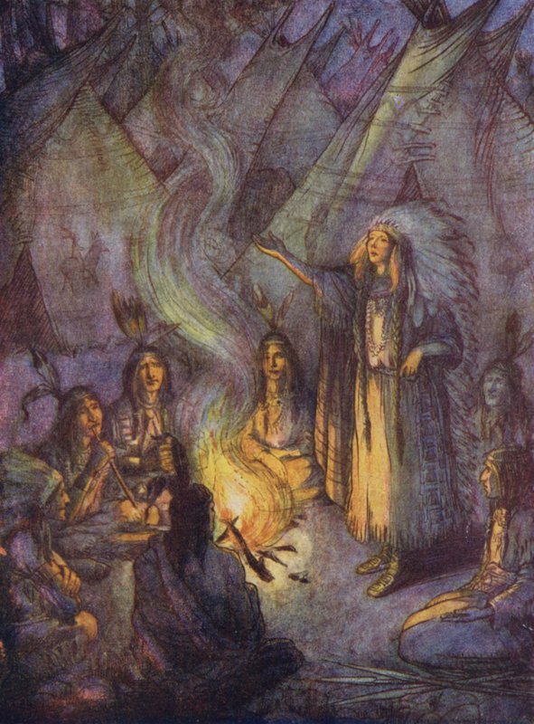 Rödskinn och deras wigwams (färglitografi) av Flora White
