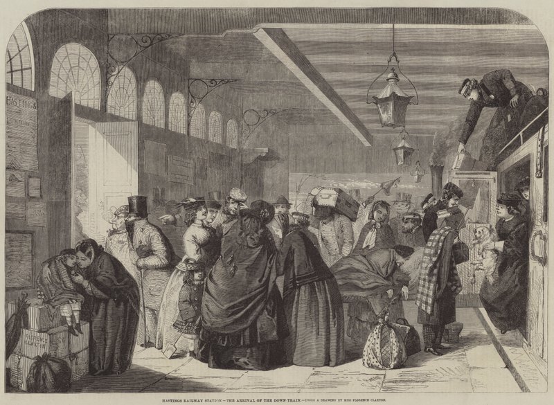 Hastings Railway Station, ankomsten av Down-Train av Florence Claxton