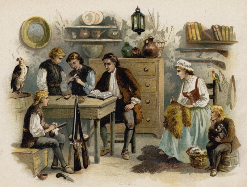 Scen från den schweiziska familjen Robinson: Far läser för familjen i Rock Castle (chromolitho) av Florence Maplestone