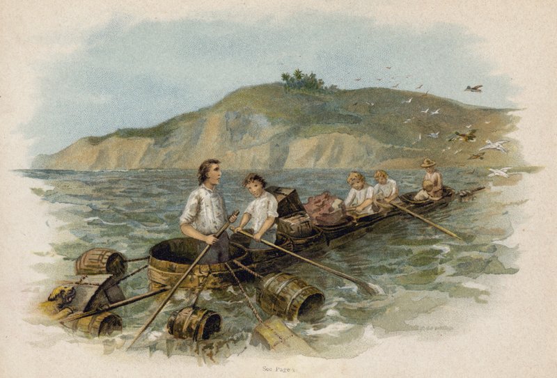 Scen från den schweiziska familjen Robinson: närmar sig land i badbåten (chromolitho) av Florence Maplestone