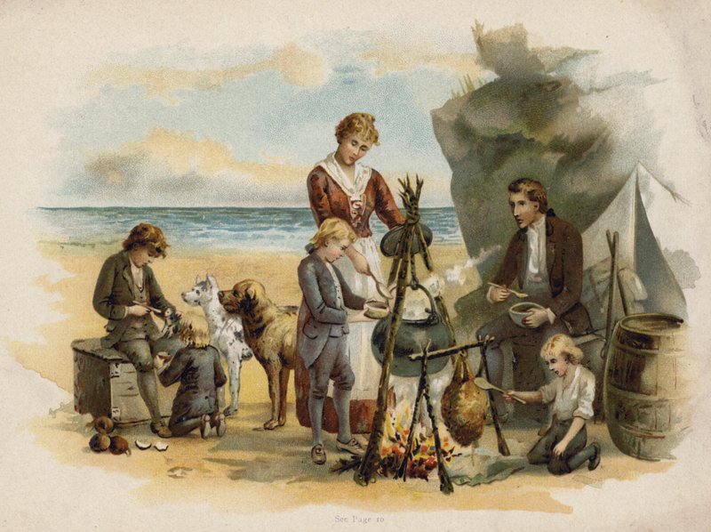 Scen från den schweiziska familjen Robinson: kvällsmat efter den första expeditionen (chromolitho) av Florence Maplestone