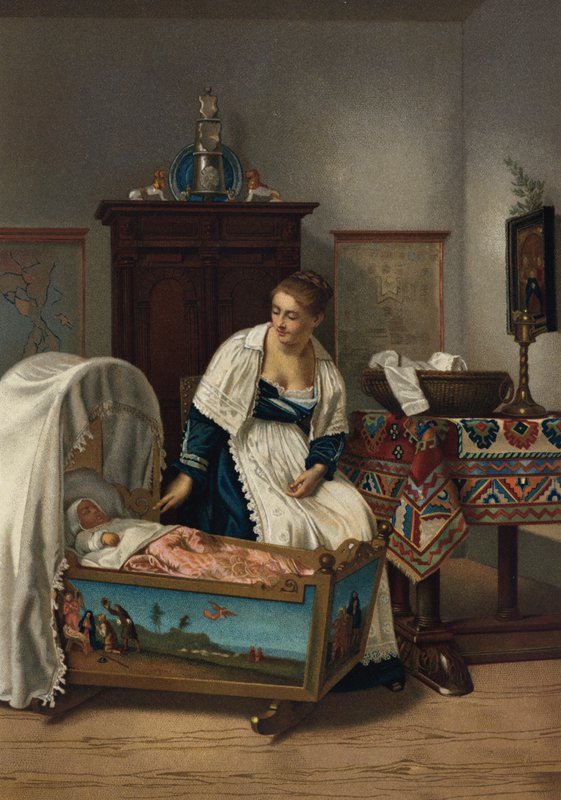 Den unga mamman (chromolitho) av Florent Willems