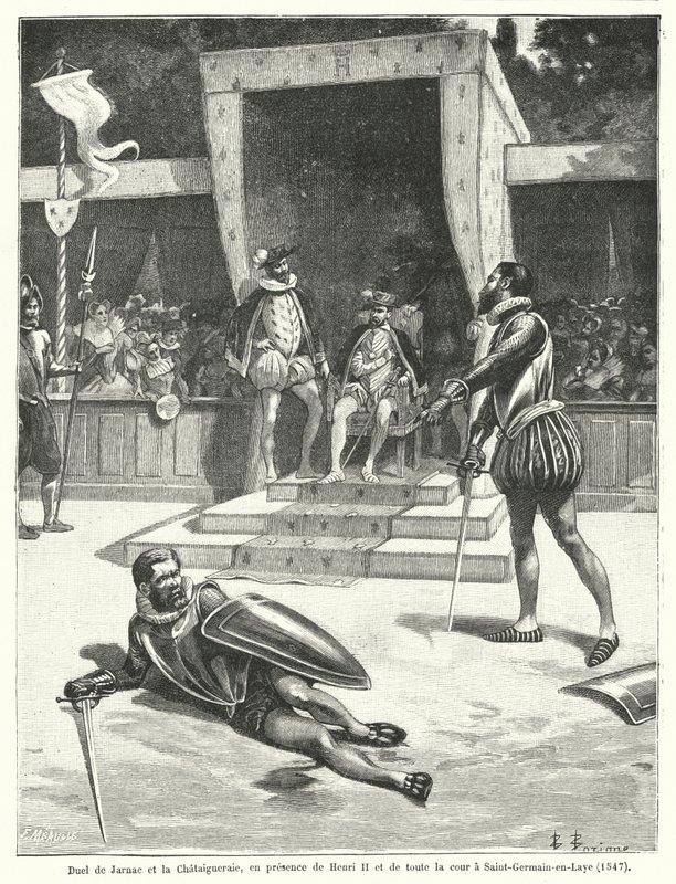 Duell mellan Guy Cabot de Jarnac och Francois de Vivonne, Seigneur de la Chataigneraie framför kung Henrik II av Frankrike och hela hans hov i St Germain-en-Laye av Fortune Louis Meaulle