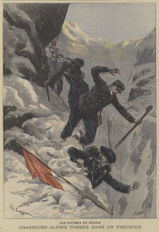 Franska Chasseurs Alpins bergstrupper faller över ett stup av Fortune Louis Meaulle