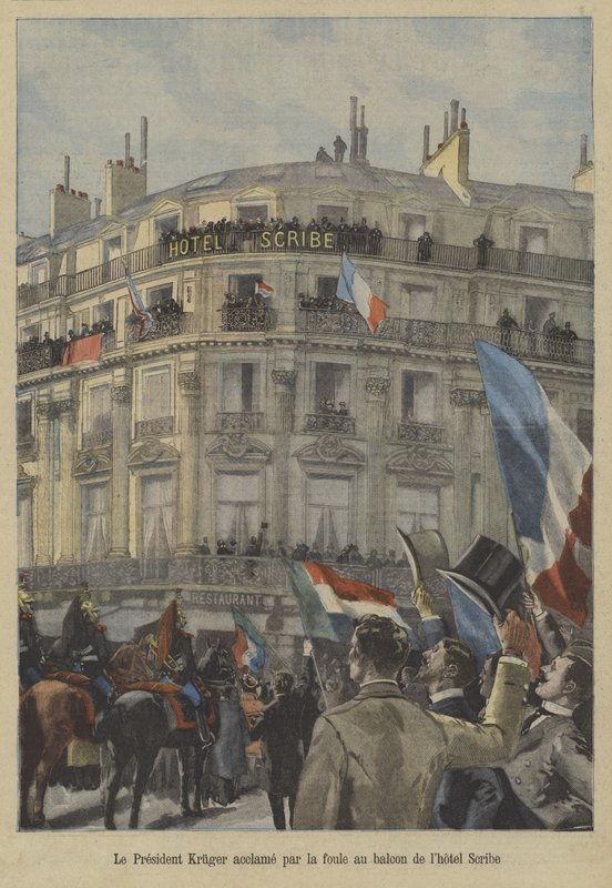 Paul Kruger, tidigare president i Transvaal, på balkongen på Hotel Scribe i Paris, tar emot publikens hyllning av Fortune Louis Meaulle
