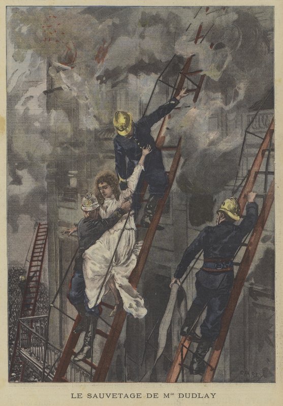 Räddning av skådespelerskan Adeline Dudlay från branden på Theatre-Francais, Paris av Fortune Louis Meaulle
