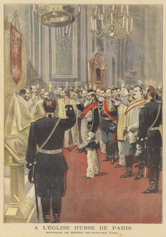 Svära lojalitetseden till den nye tsaren i ryska kyrkan i Paris av Fortune Louis Meaulle