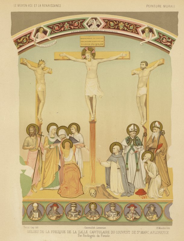 Jesu Kristi korsfästelse, fresk i klostret San Marco, Florens (chromolitho) av Fra (after) Angelico
