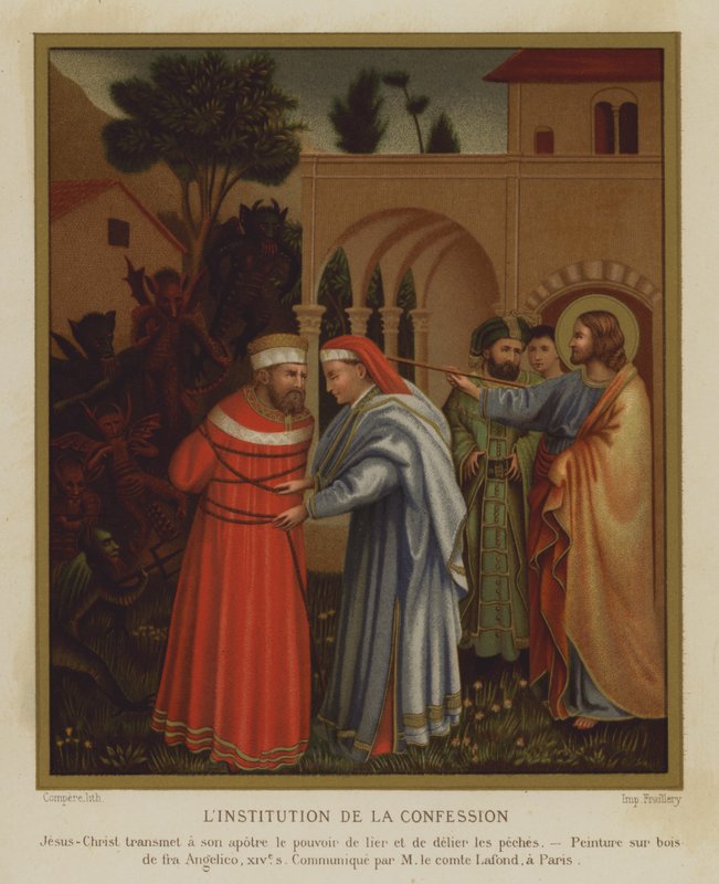 Bekännelsens institution (färg litho) av Fra (after) Angelico
