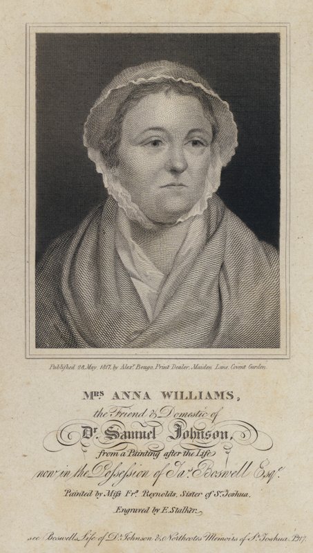 Anna Williams, walesisk poet och vän till den engelske författaren Samuel Johnson (gravyr) av Frances (after) Reynolds