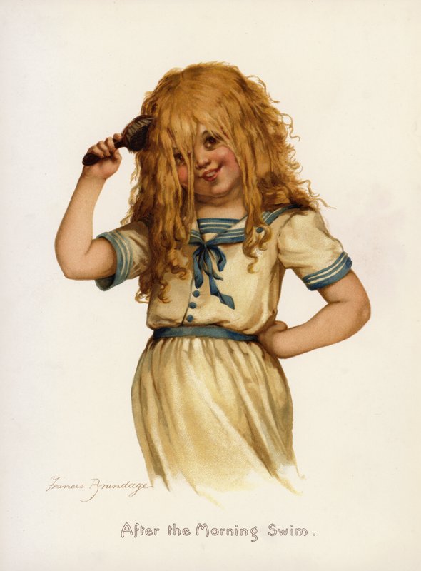 Tjejer: Efter morgondoppningen (färg litho) av Frances Brundage
