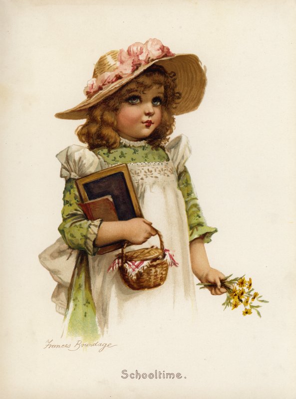 Flickor: Skoltid (färg litho) av Frances Brundage