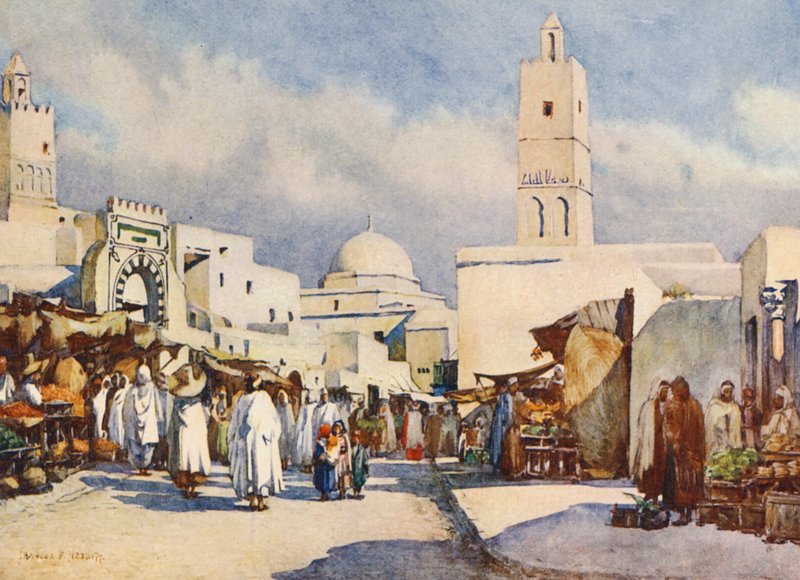 La Grande Rue, Kairouan (färglitografi) av Frances Nesbitt