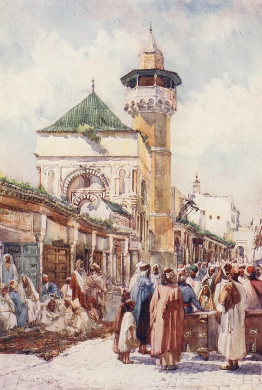 Moskén i Sidi Ben Ziad, Tunis, auktionsdagen (färglitografi) av Frances Nesbitt