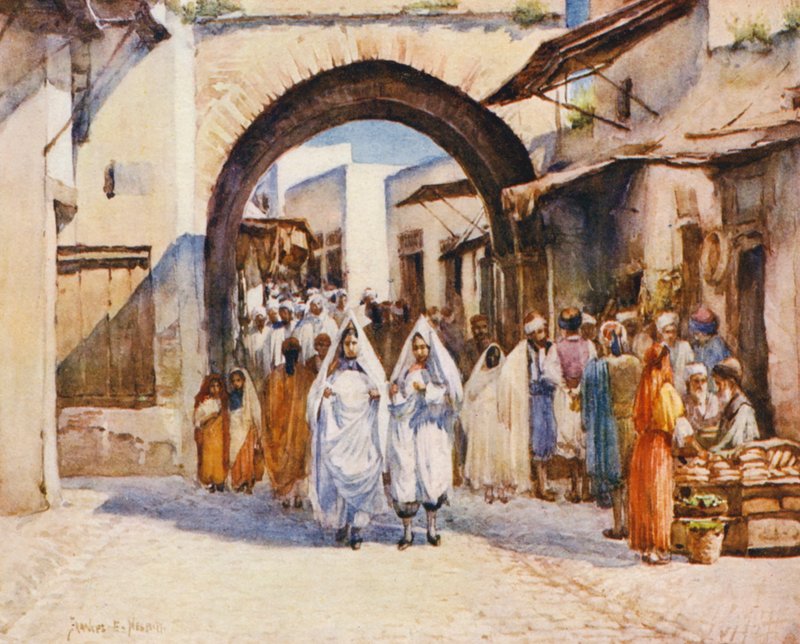 Souk el Hout, Tunis (färglitografi) av Frances Nesbitt