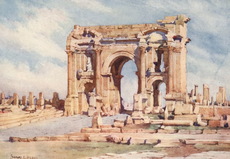 Trajanusbågen, Timgad (färglitografi) av Frances Nesbitt