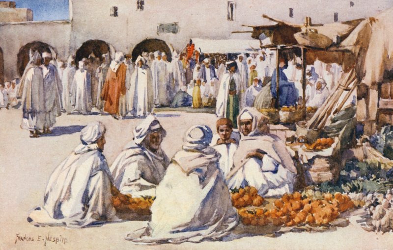 Fruktmarknaden, Biskra (färglitografi) av Frances Nesbitt