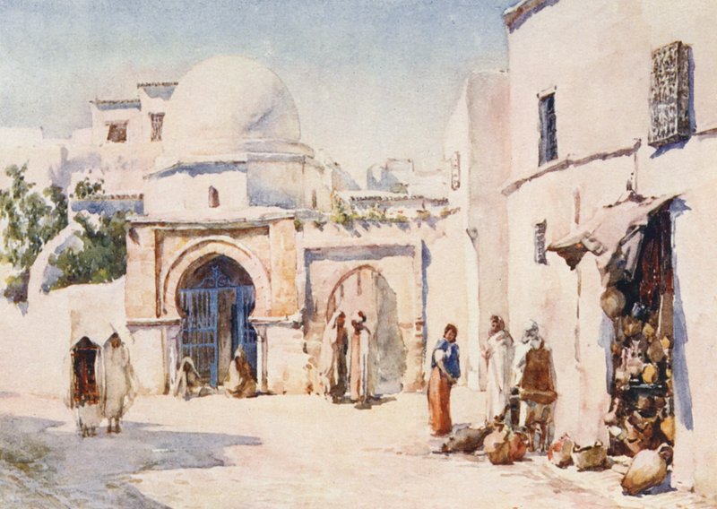 Zaouia på Rue Tourbet el Bey, Tunis (färglitografi) av Frances Nesbitt