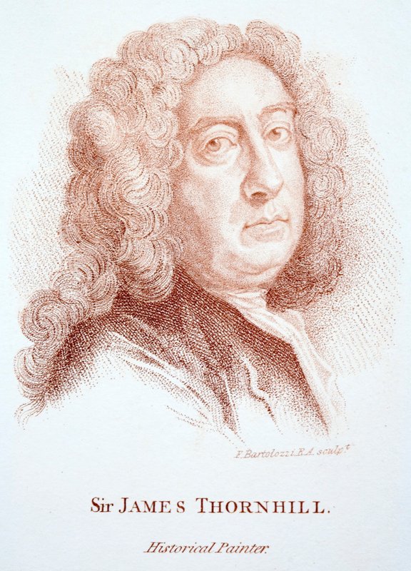Sir James Thornhill, engelsk målare av historiska ämnen (gravyr) av Francesco (after) Bartolozzi