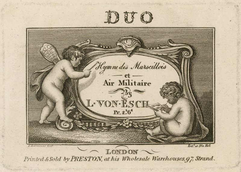 Titelskylt för Hymn des Marscillois och Air Militaire av Francesco Bartolozzi