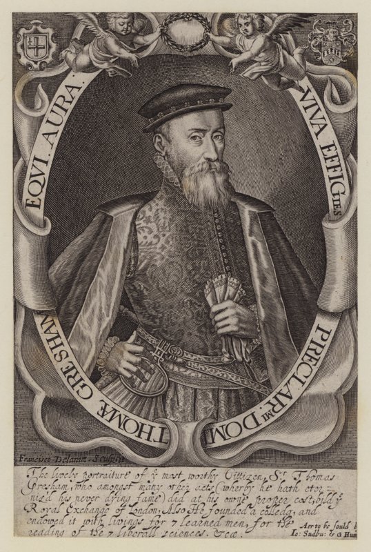 Sir Thomas Gresham, engelsk köpman och finansman, grundare av Royal Exchange (gravyr) av Francis (after) Delaram